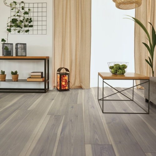 Living room with laminate flooring Hawk Drive-Fumed Hickory